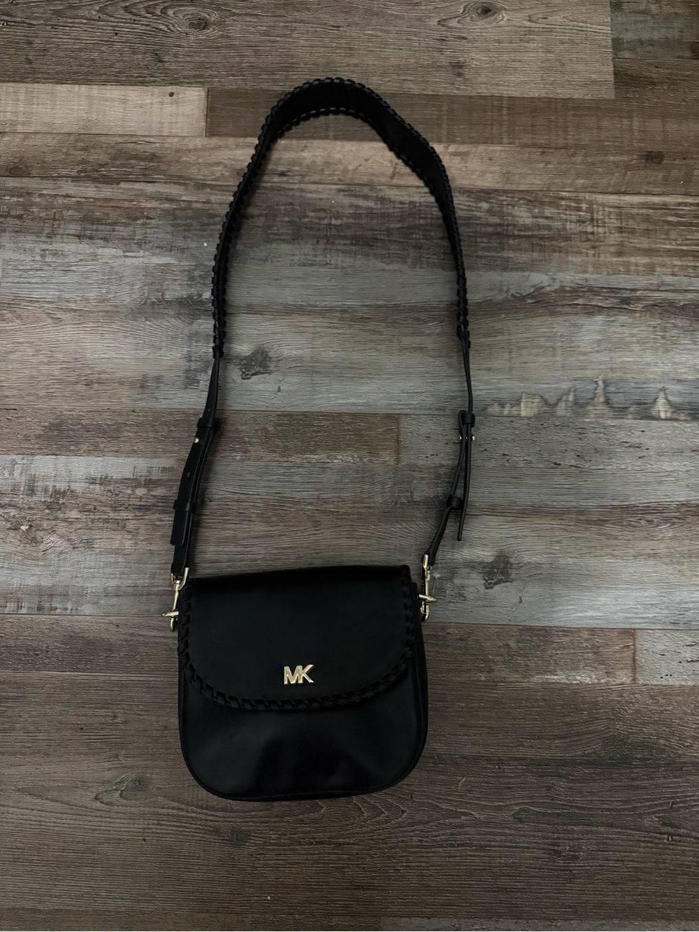 Michael Kors Black Leather Crossbody with Braided Strap and Gold MK